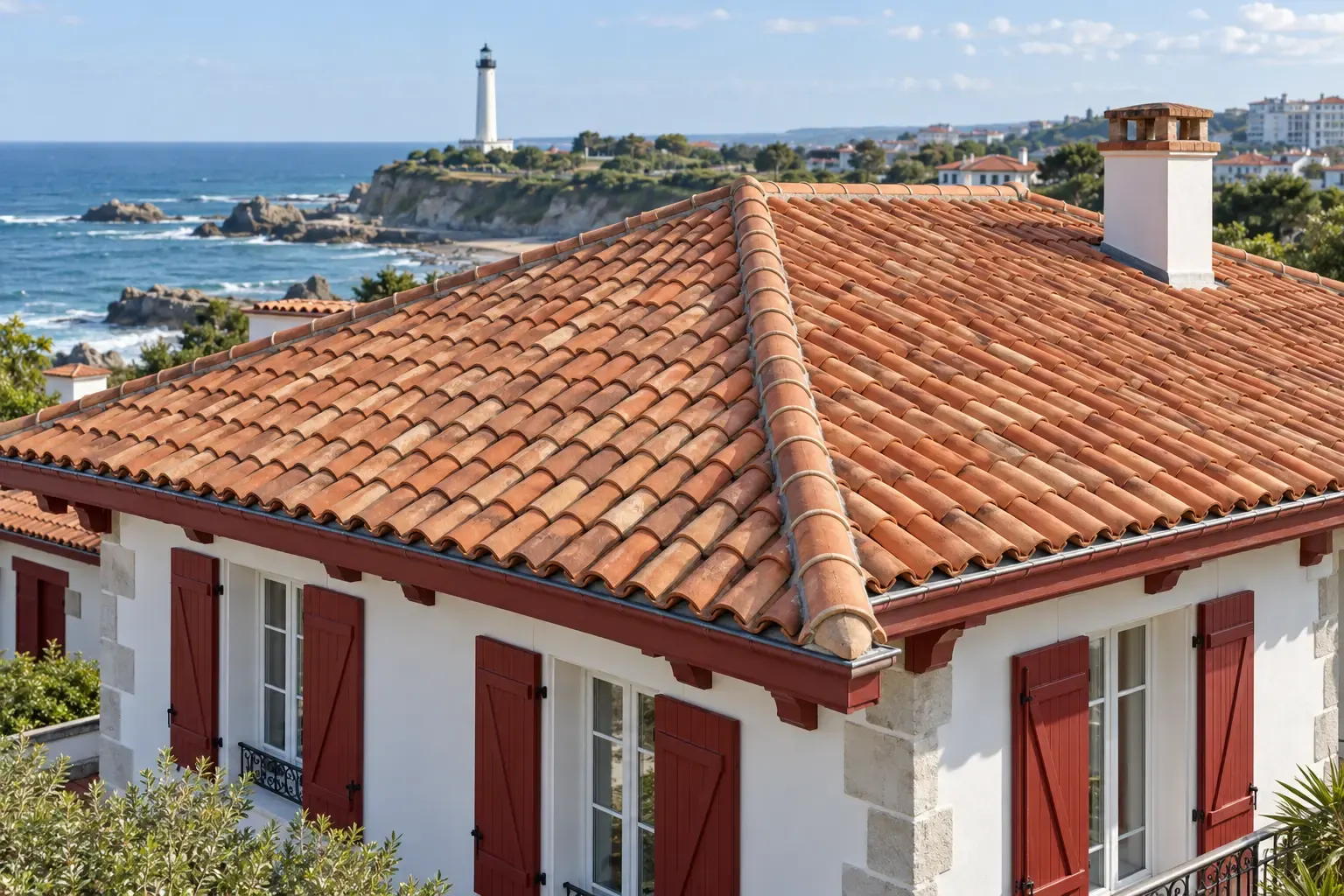 Casa con tejado de teja frente al faro