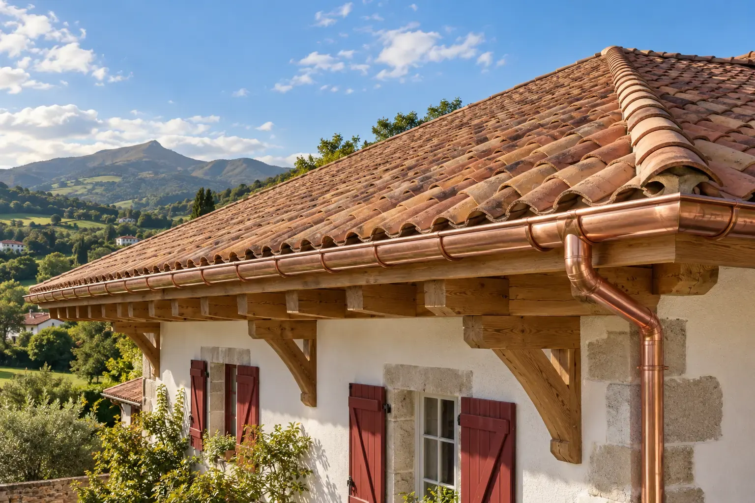 Casa vasca con tejado de teja y aleros de madera