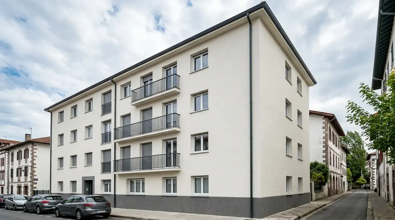 Edificio de viviendas con fachada blanca y balcones