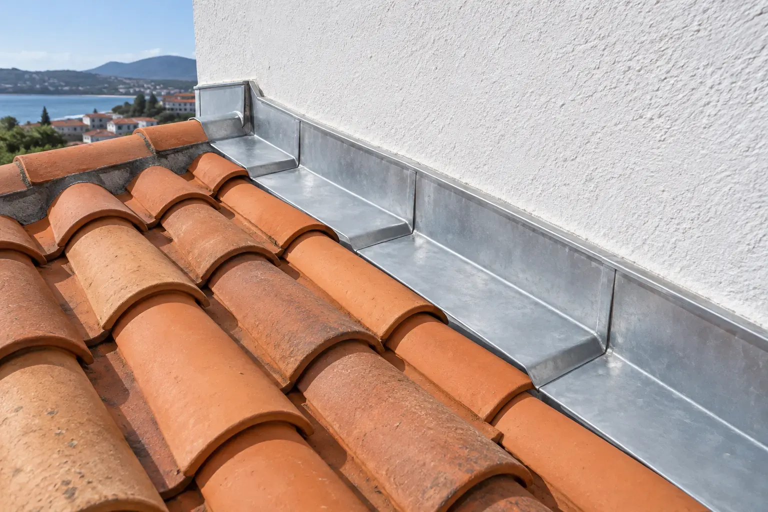 Solin en zinc entre la toiture en tuiles et le mur