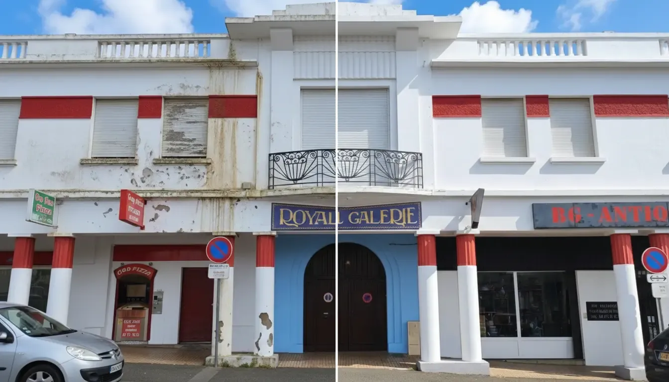 Fachada del edificio Royal Galerie en Hendaya: a la izquierda antes de la rehabilitación, a la derecha después