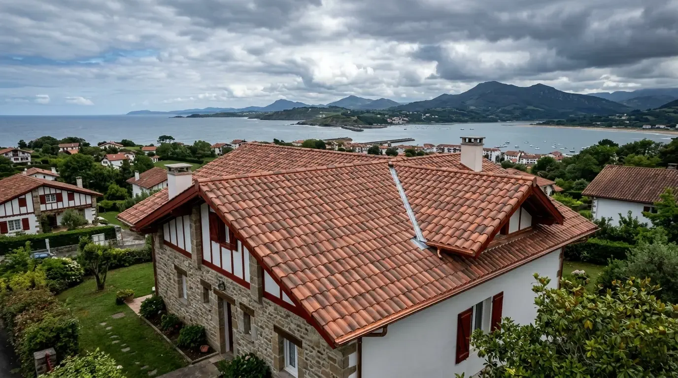 Tejado de teja roja de una casa vasca frente al mar