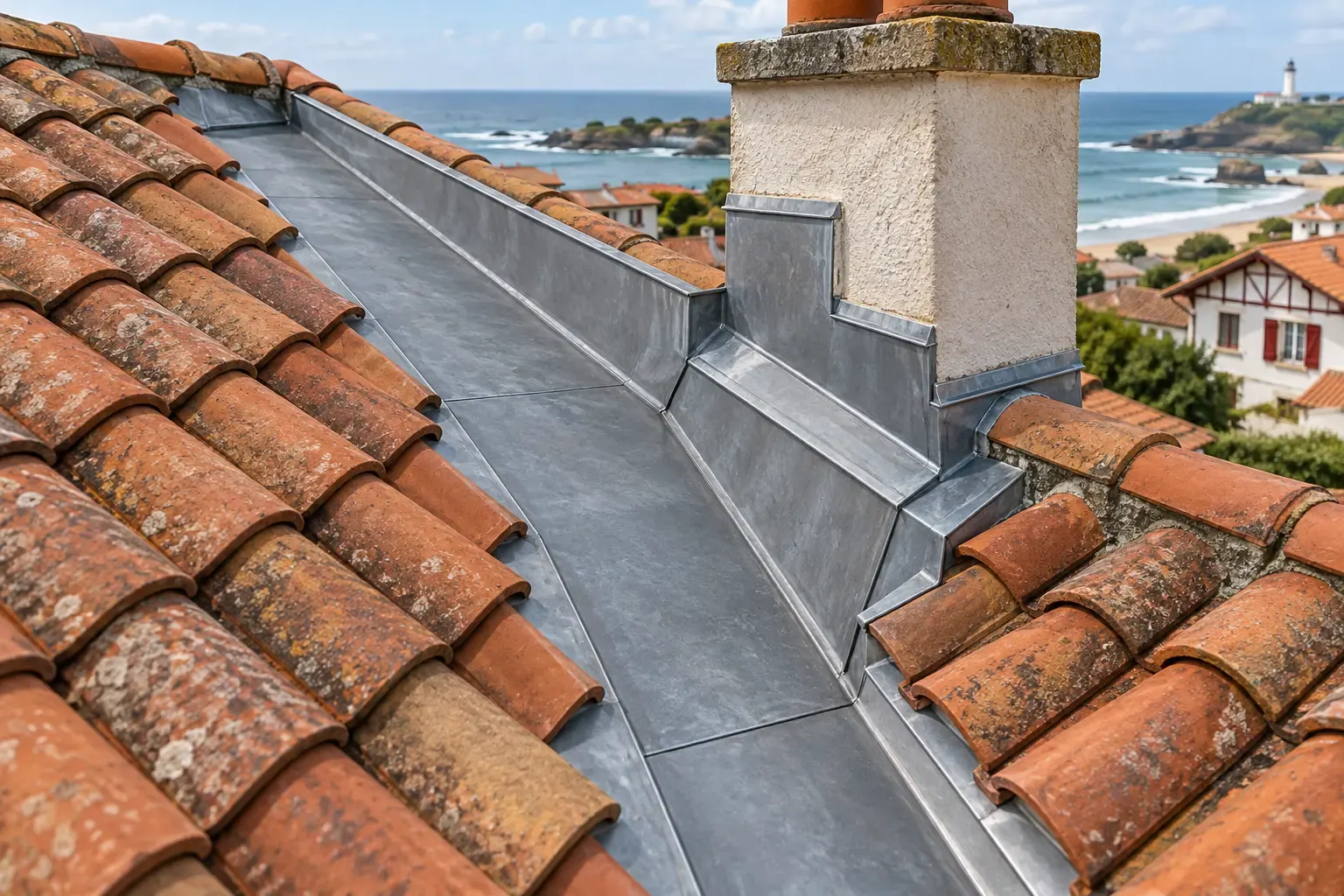 Zinguerie au pied d'une cheminée